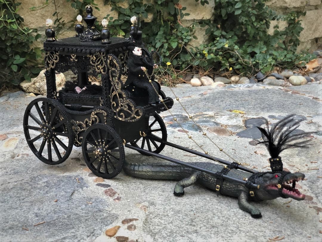 dollhouse miniature dolls ride alligator drawn hearse carriage funeral cart