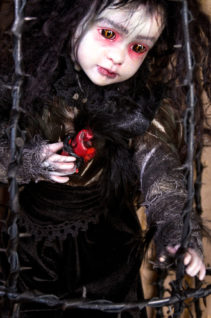 pale gothic red rimmed eyes black hair doll repaint black feathered velvet doll standing in a black thorn cage
