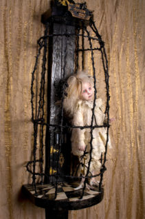 blond feathered pale gothic artdoll with taxidermied bird feet wearing white lace in a black thorn cage