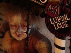 close-up artdoll repaint face dog boy sideshow freak show in a barbed cage with hand painted red and black sign