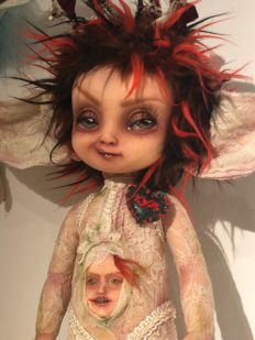 gothic repaint fantasy mythical sprite doll decoupaged with antique lace and trims big eared she has a face in her belly