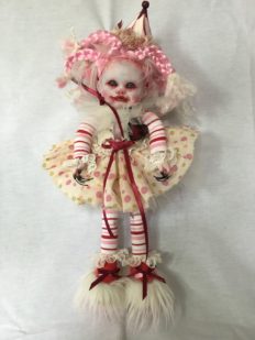 gothic repaint porcelain doll dark circus clown with pink and white braids, party hat, striped and polka-dot dress and furry shoes