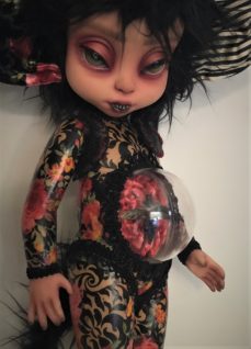 gothic repaint fantasy mythical sprite doll decoupaged with colorful paper and trims big eared and acrylic belly with preserved beetle