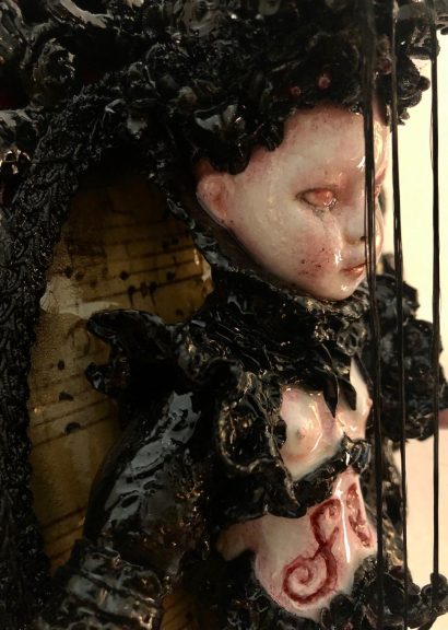 mixed media assemblage dark art doll violin