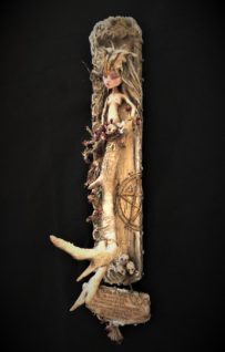 Mixed media assemblage repainted goth pagan doll antler pentagram