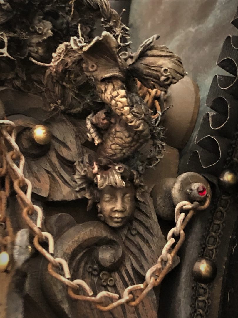 mixed media assemblage art doll ghostly ship figurehead close up