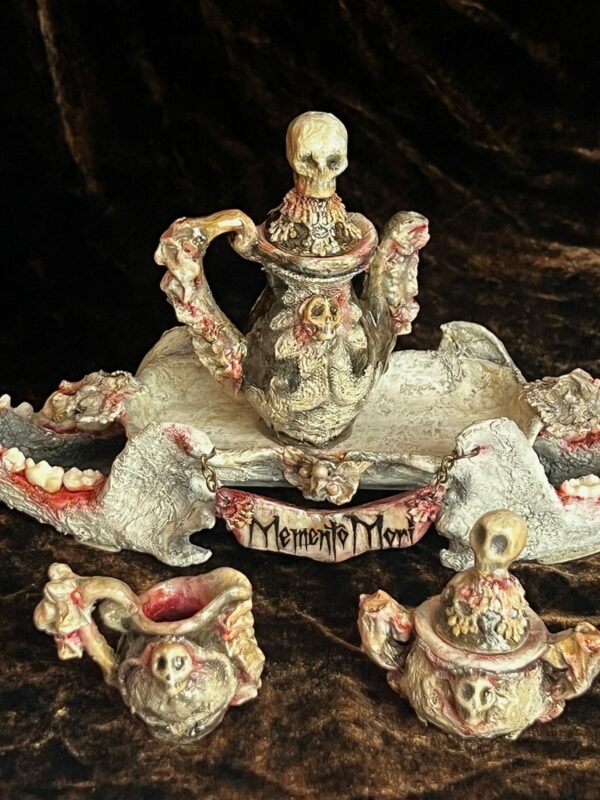 Memento Mori tea set art assemblage skulls gothic art