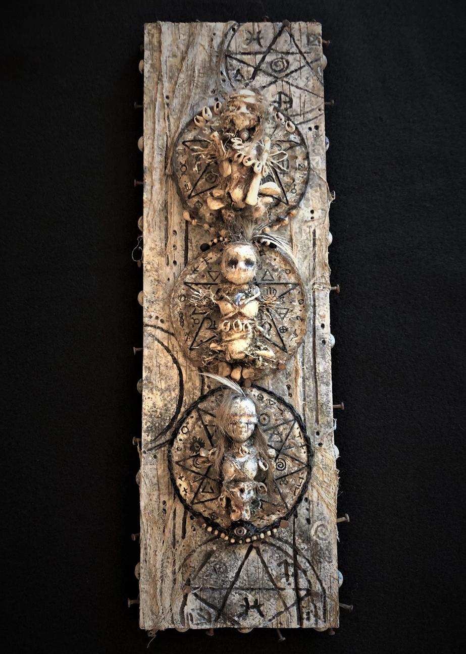 mixed media assemblage plaque three dolls in pentagrams witch markings on wood