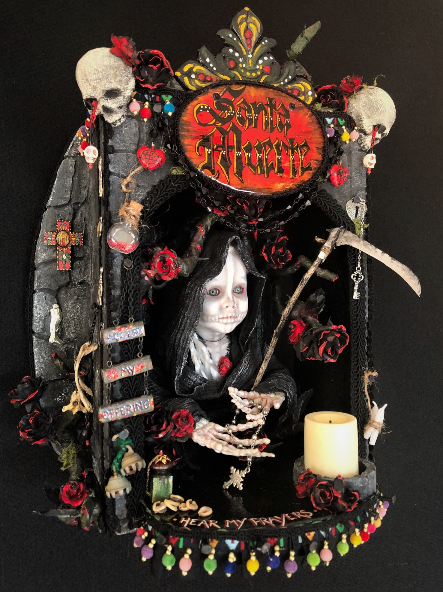 Santa Muerte altar box and nightlight mixed media assemblage skulls and candle