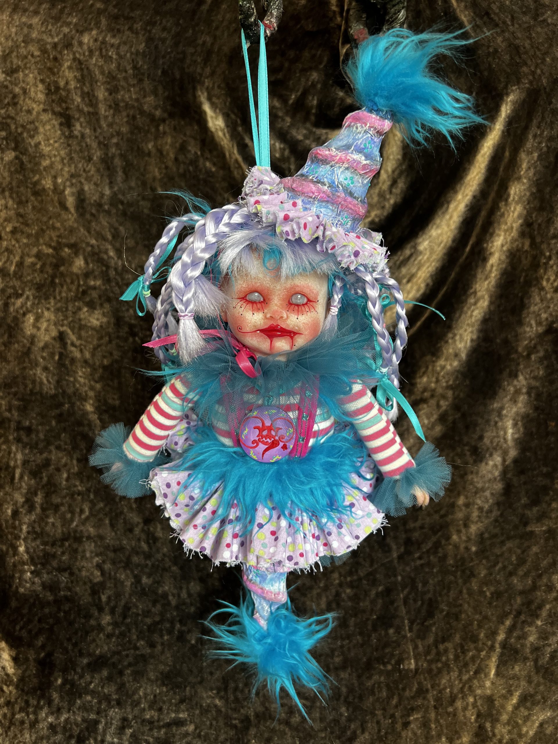 one of a kind purple and blue artdoll inspired by paintings of Michael Hussar gothic creepy clown ornament