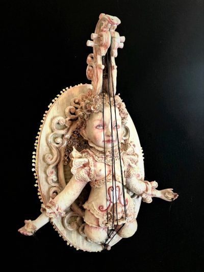 mixed media assemblage on board ghost string instrument goth doll hand painted
