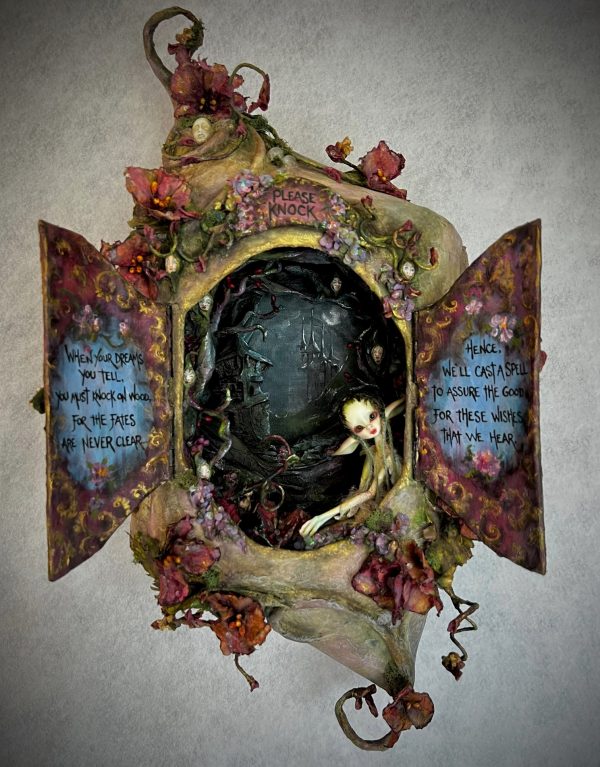 Mixed media sculpted Faerie House with open doors, revealing tiny fae in 3D diorama