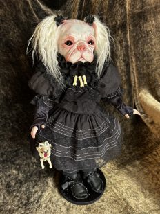 dog-faced girl art doll in black gothic victorian dress