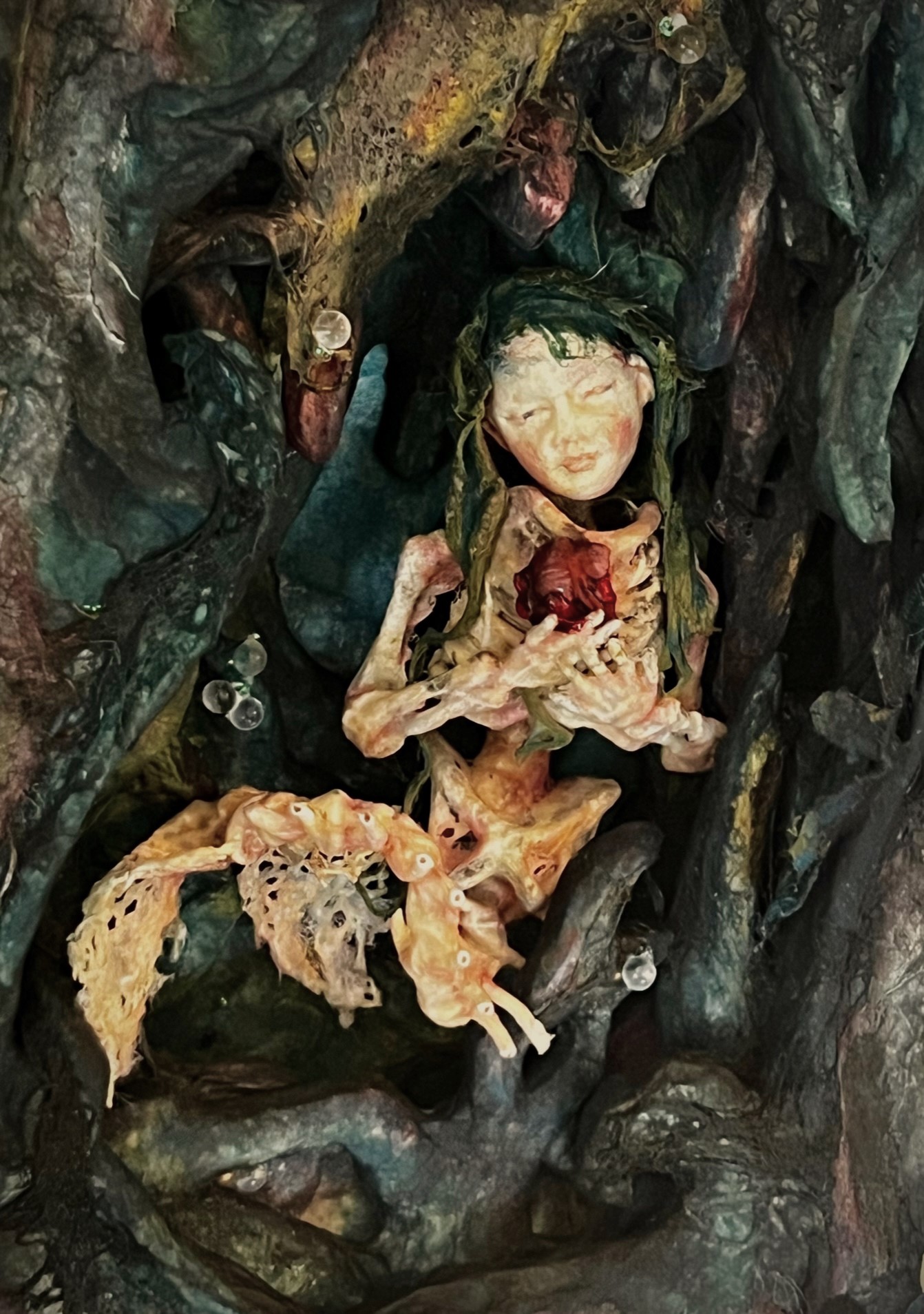 close up The Skeleton Woman by Stefanie Vega paper mache book diorama gothic fairytale art