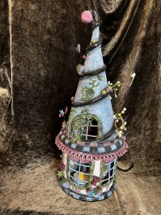 open light blue and pink miniature fairy house mixed media flowers