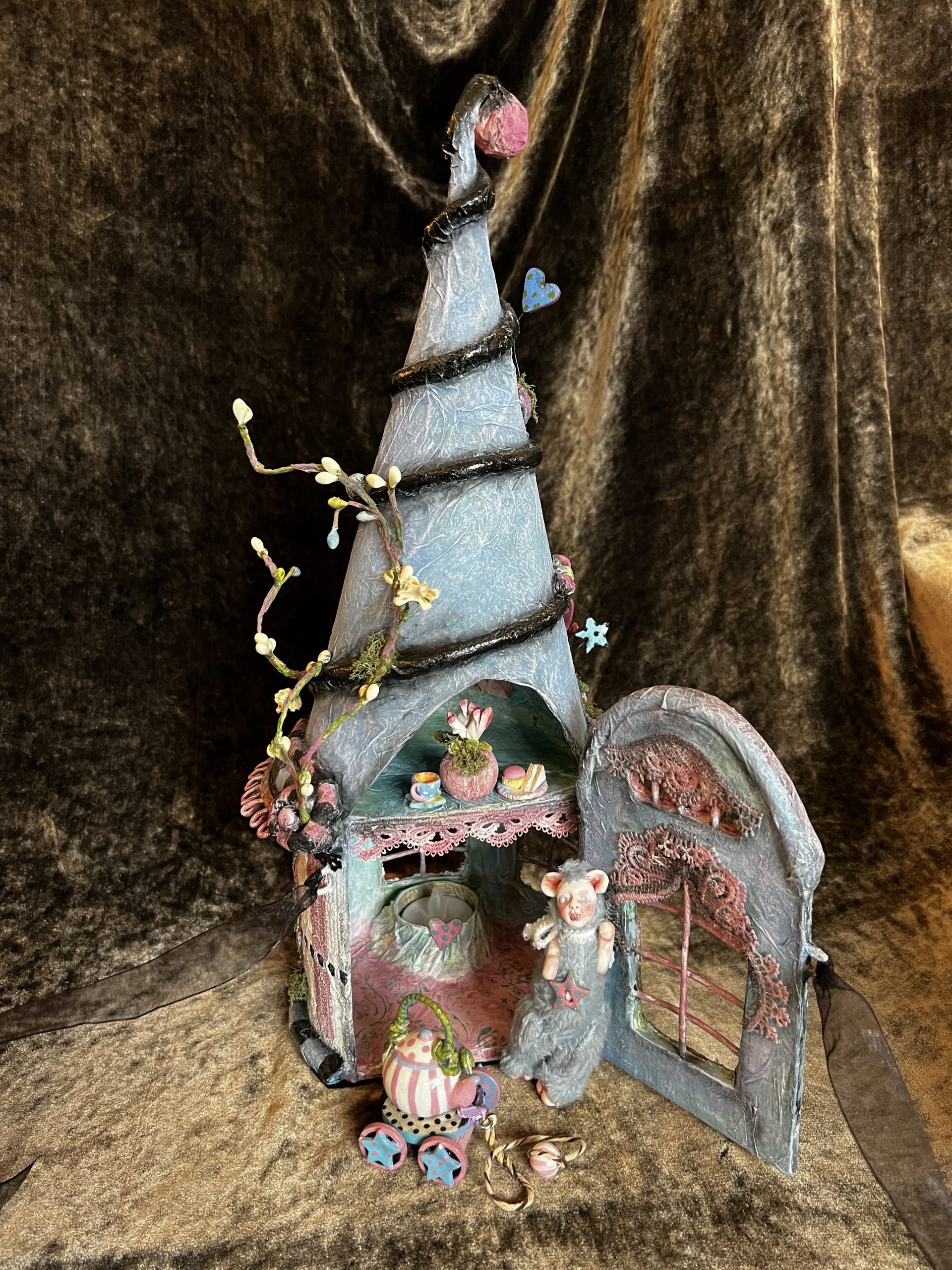 open light blue and pink miniature fairy house mixed media art with furry mouse creature tea party flowers
