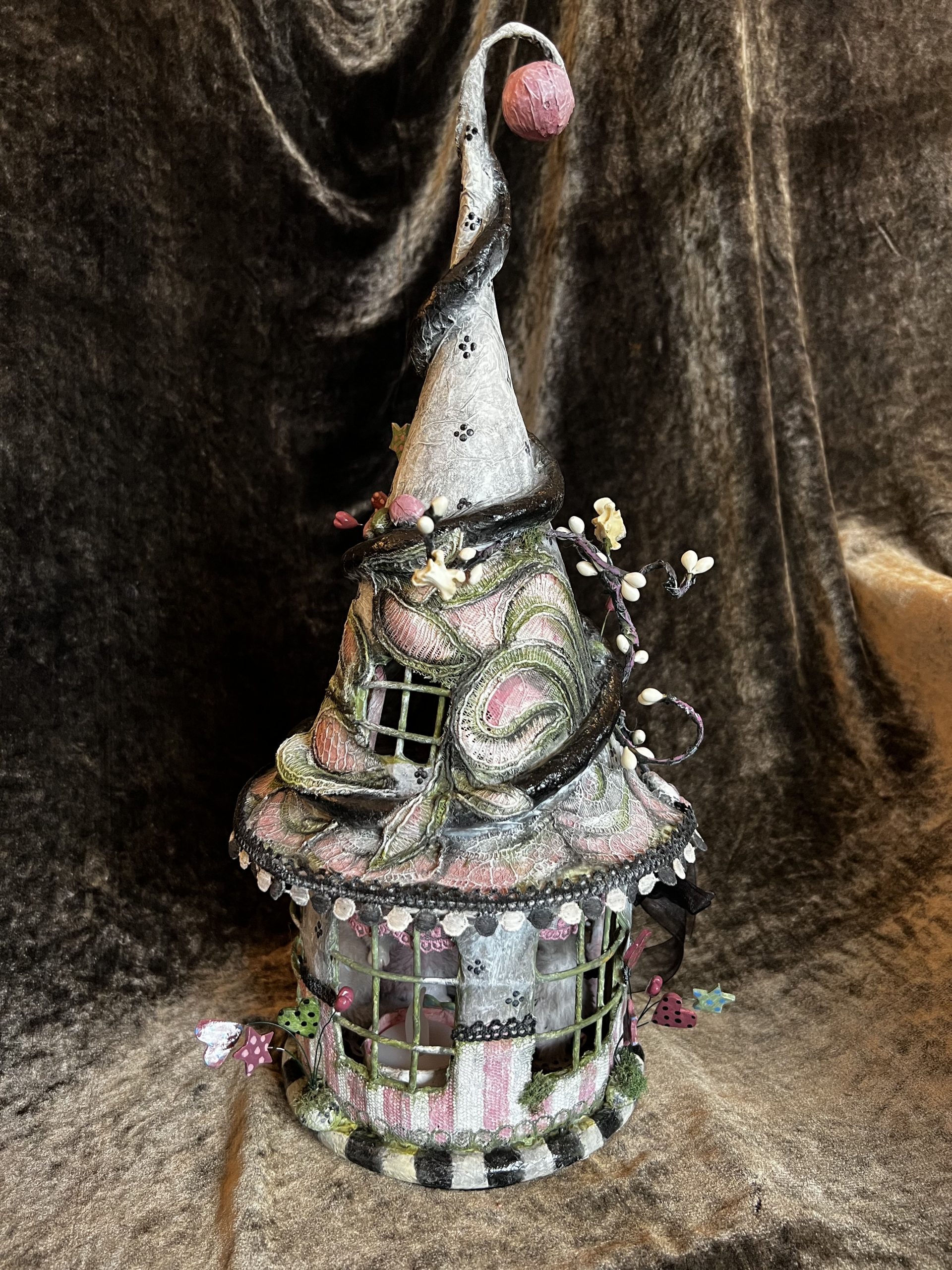 pink and green miniature fairy house mixed media art
