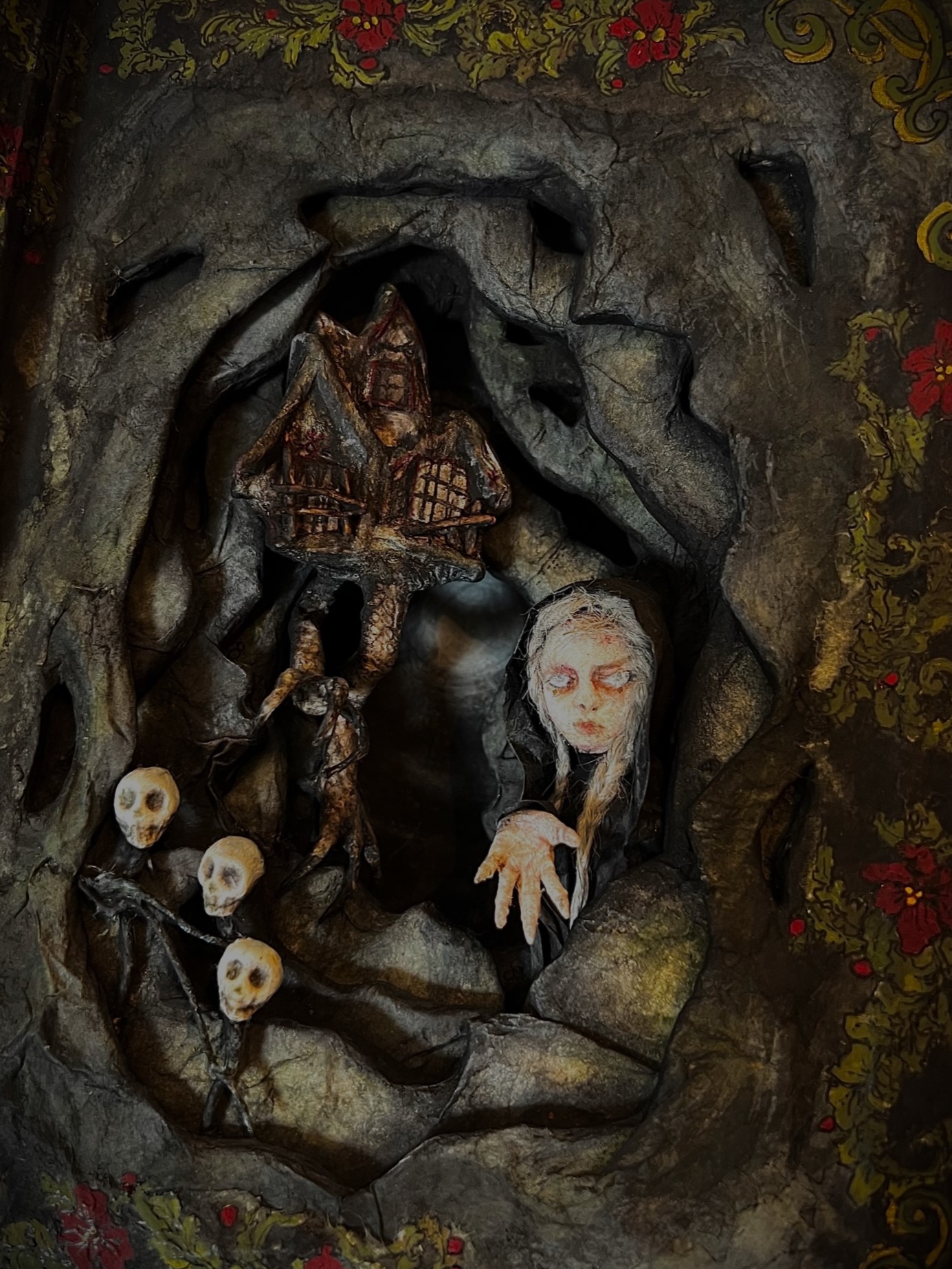 close up The Witch of the Wood by Stefanie Vega paper mache book diorama gothic fairytale art