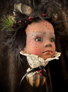 doll head christmas ornament hand-painted with holly crown and lace collar