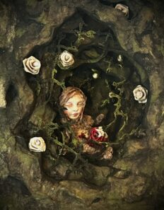 close up The Nightingale by Stefanie Vega paper mache book diorama gothic fairytale art