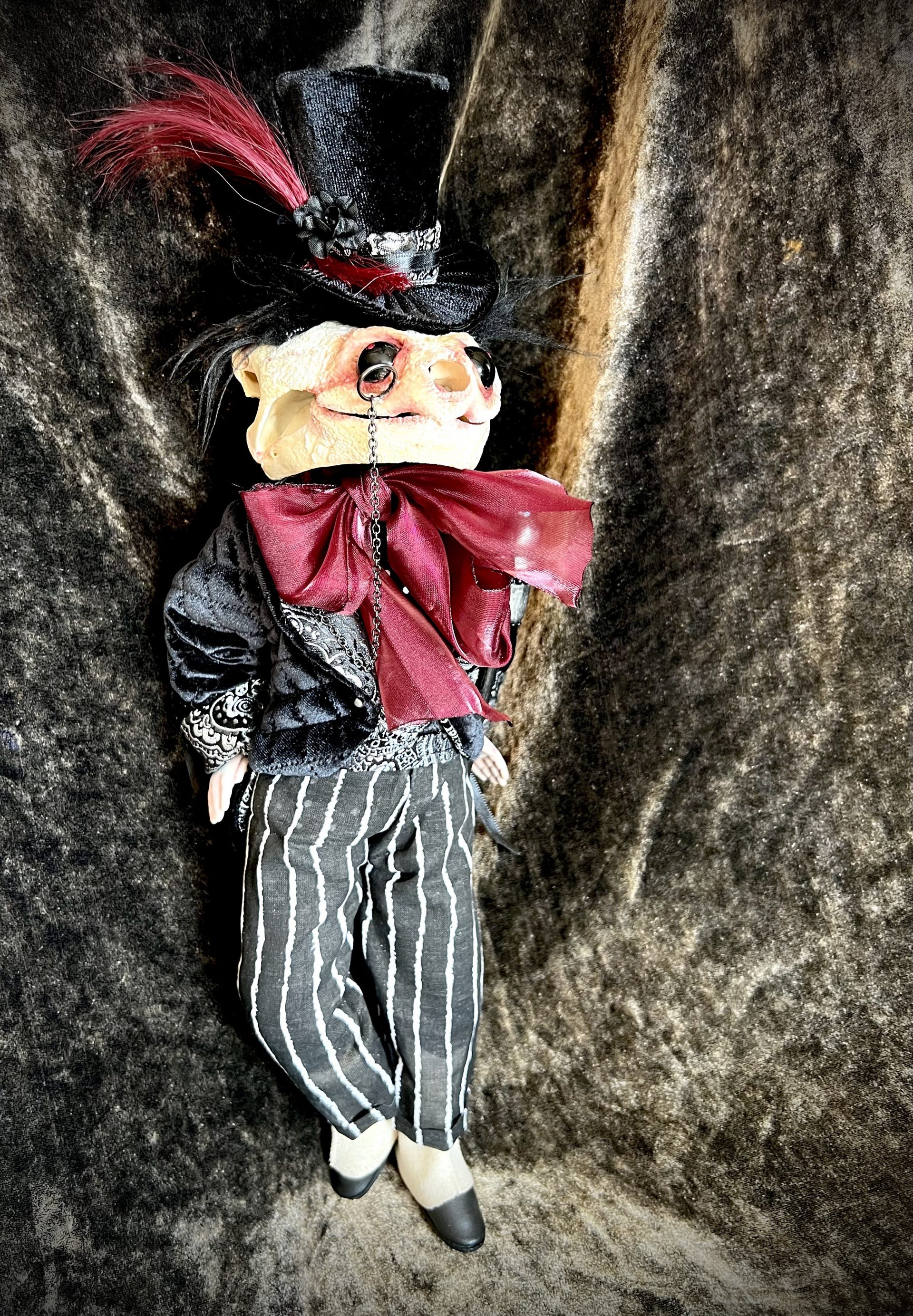 Dapper art doll with turtle skull head, velvet smoking jacket, striped trousers, top hat, walking cane monocle gothic