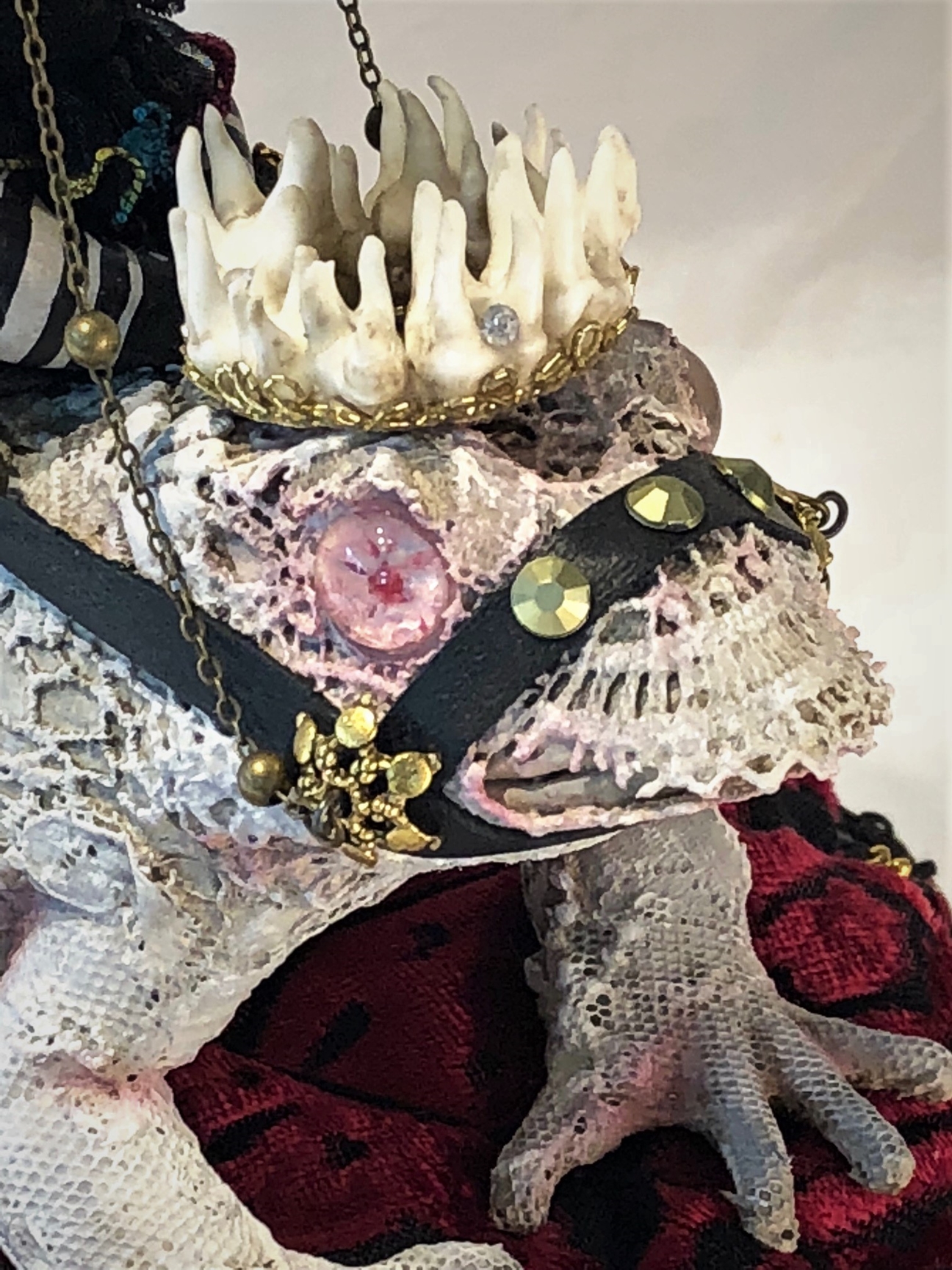 close-up detail lace covered frog toy with crown made of teeth wearing a bridle