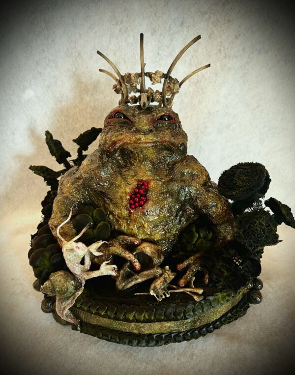 Mixed Media Art sculpture King Toad corpulent toad wearing crown clay, paper, glass, wire, bones & shibori texture technique on vintage textiles
