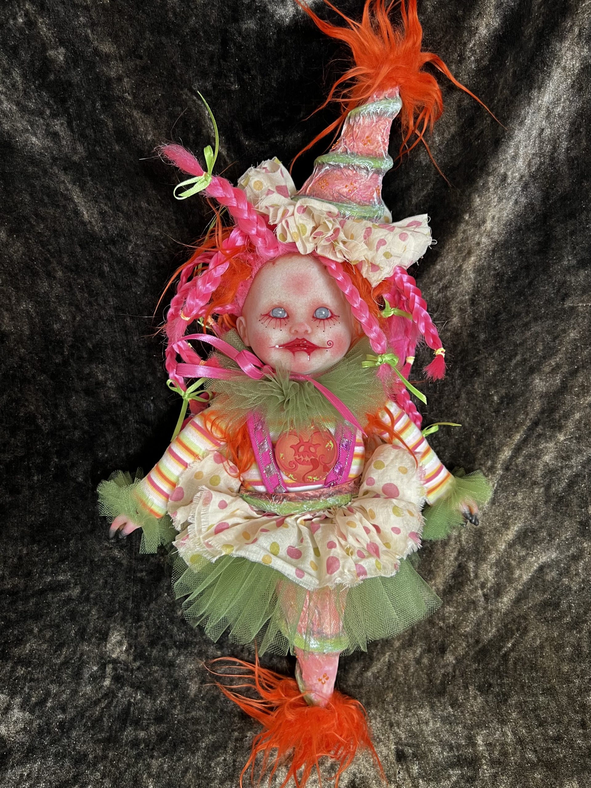 one of a kind pink and green artdoll inspired by paintings of Michael Hussar gothic creepy clown ornament