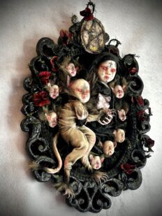 Mother of Cats framed art piece featuring a gothic cat woman and her kittens