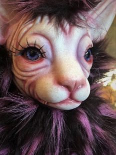 close-up hand-painted vinyl hairless cat face doll big black eyelashes purple and black acrylic faux fur