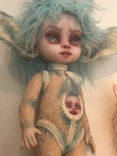 gothic repaint fantasy mythical sprite doll decoupaged with antique lace and trims big eared a face in her belly