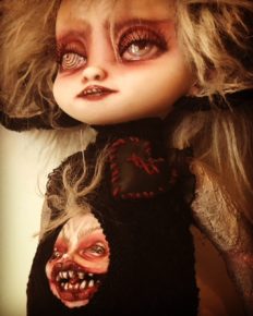gothic repaint fantasy mythical sprite doll crazy eyes decoupaged with antique lace and trims big eared a face in her belly