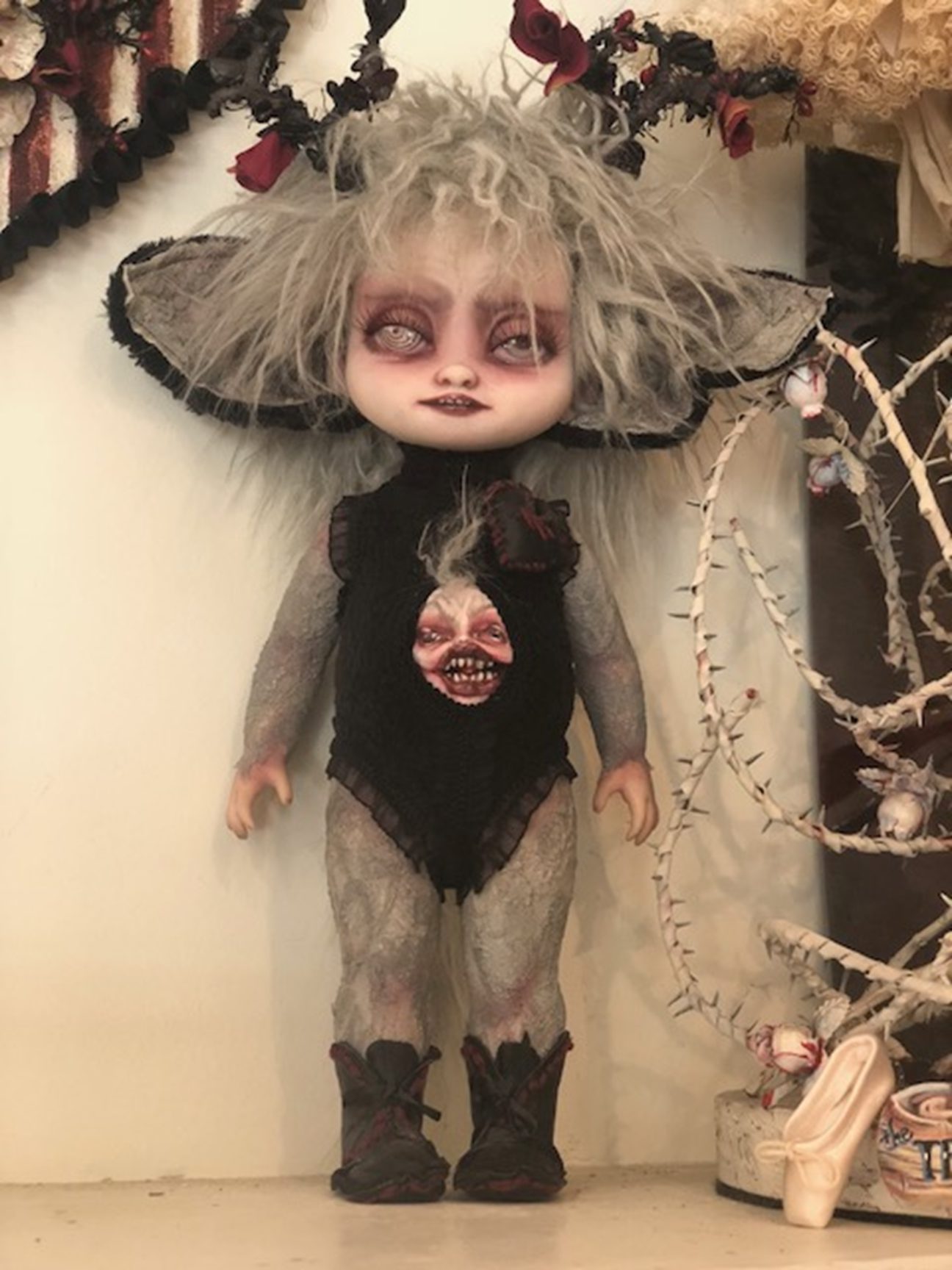 gothic repaint fantasy mythical sprite doll decoupaged with antique lace and trims antlers big eared a face in her belly