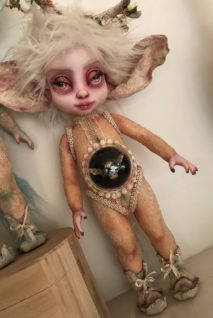gothic repaint fantasy mythical sprite doll decoupaged with antique lace and trims big eared preserved beetle in her belly