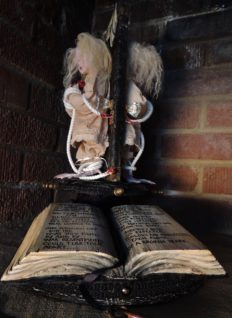 two blond artdolls with taxidermy bird feet is bound to a carved wooden door above a book with verse telling her story music box