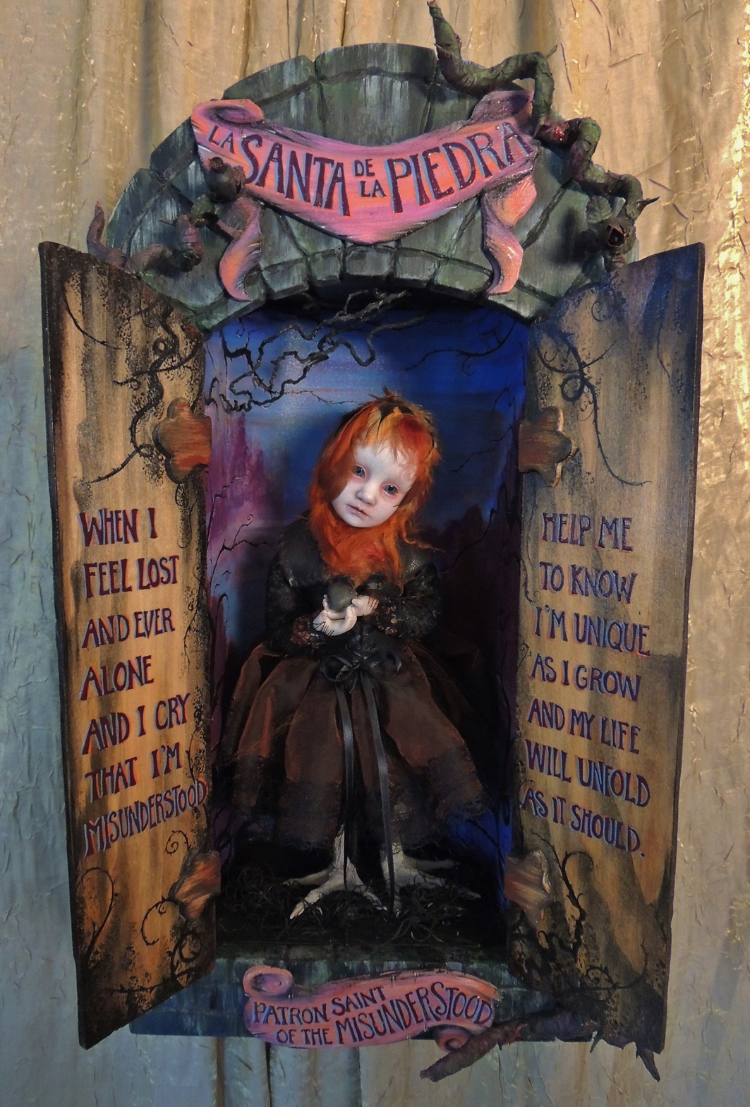open mixed media cabinet reveals taxidermy artdoll assemblage wild doll with bird feet