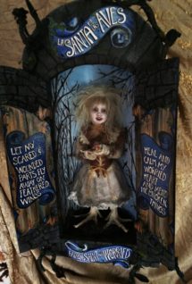open mixed media cabinet reveals taxidermy artdoll assemblage blonde wild doll with bird feet