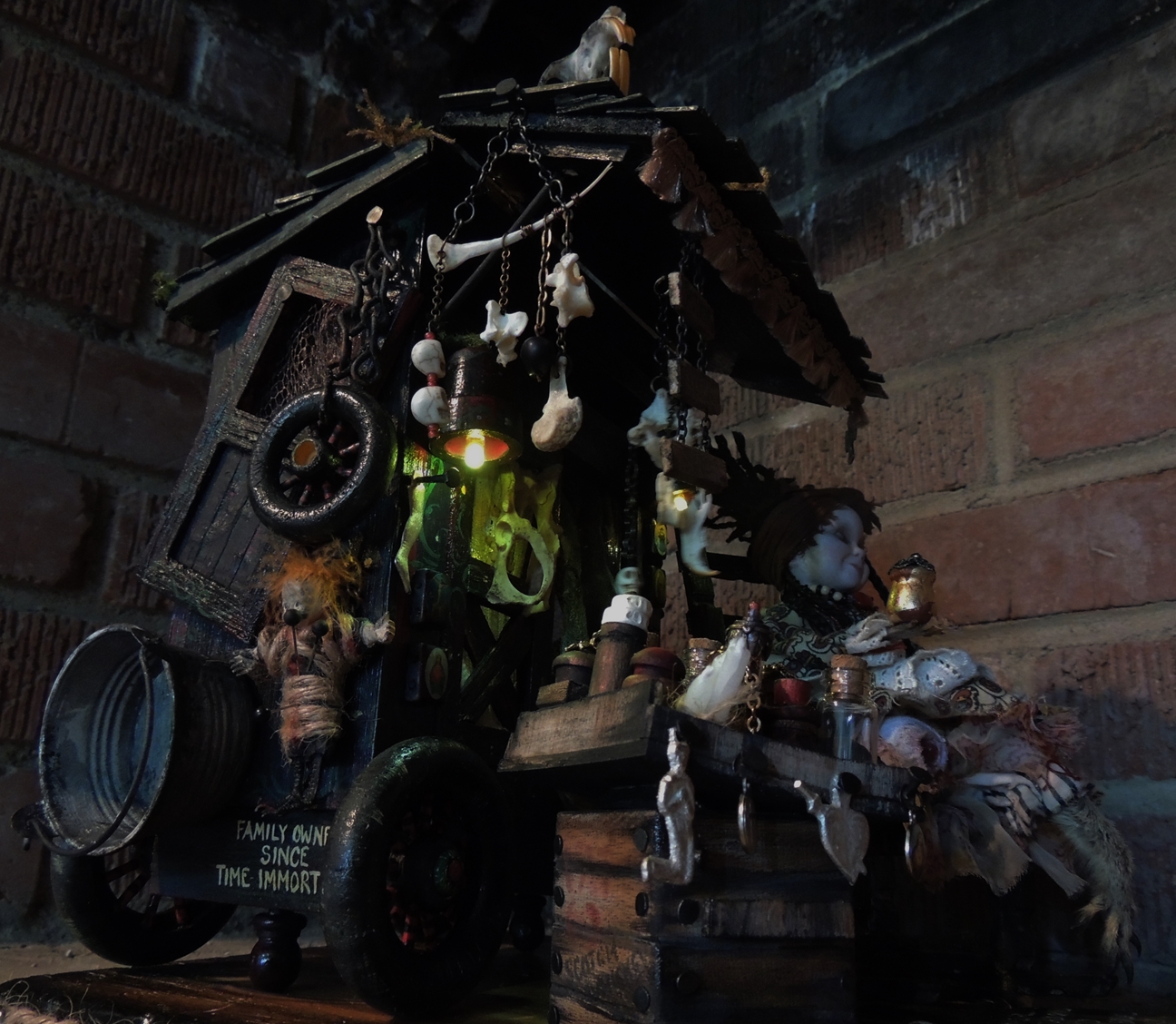 the back of Mixed Media Taxidermy Nightlight Assemblage of peddlars cart filled with bones, potions and spells