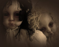 a photo of sister art dolls by Stefanie Vega in sepia tone