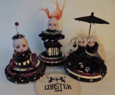 three miniature mixed media artpieces with gothic doll repaints black, white and red circus-themed