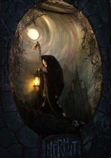 miniature shadowbox diorama of a shadowy tiny artdoll hermit figure in a cloak with a walking stick walking in a handpainted moonlit night scene