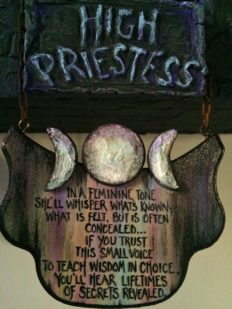 hand-painted lettered wooden sign with triple goddess moon and verse